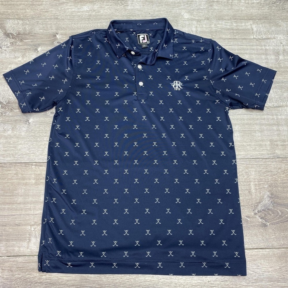 FootJoy Shirt Polo Junior XL Navy Blue Polyester Spandex Golf Club Print BR 1915
